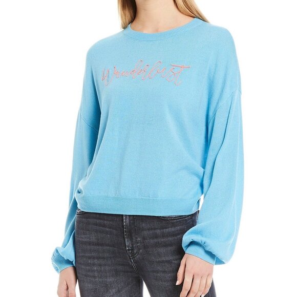 Turquoise Blue "Wanderlust" Embroidered Sweater - Picture 1 of 5